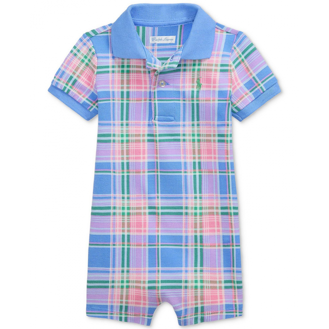 'Plaid-Print Cotton Mesh Polo Shortall' pour Bébé