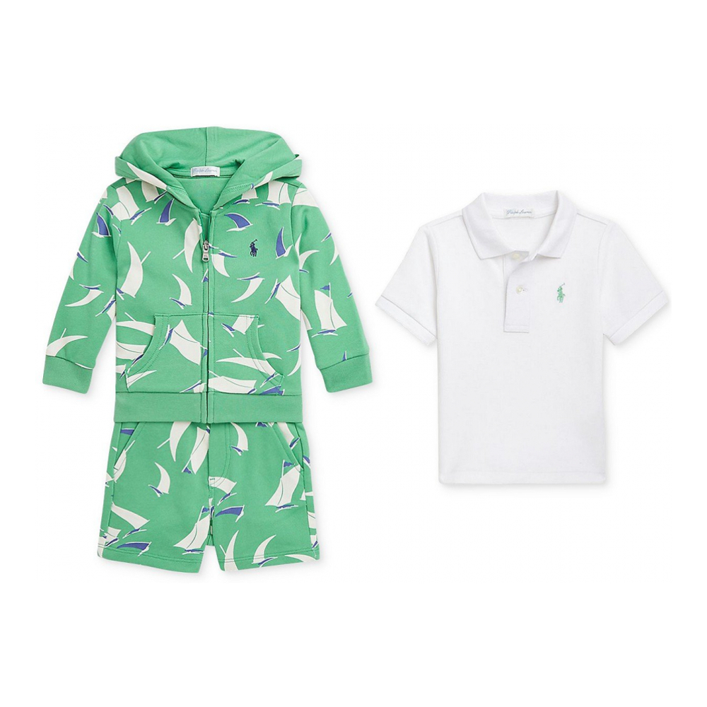 'Sailboat-Print Hoodie, Polo Shirt & Short Set' pour Bébé