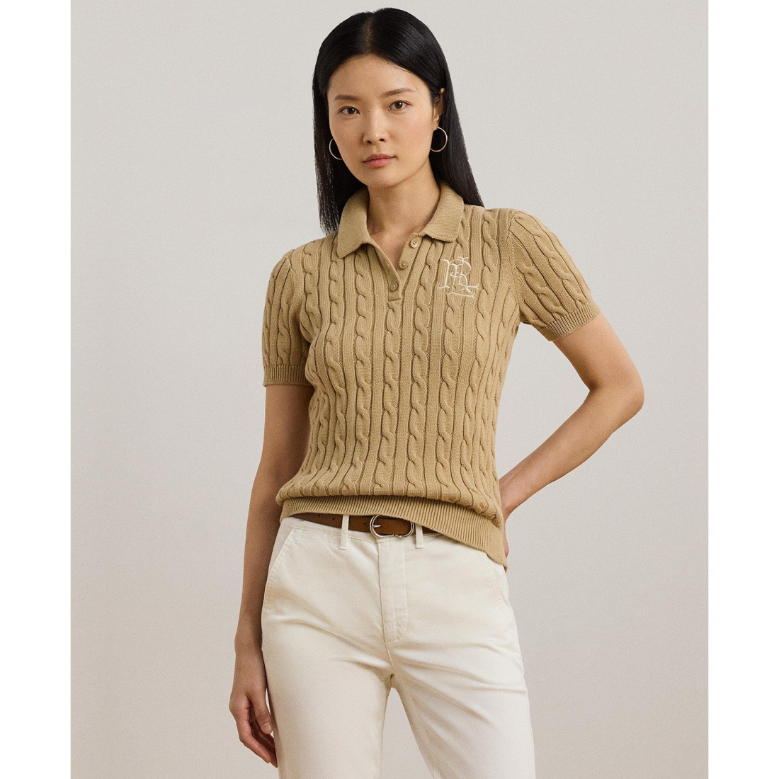 'Cable-Knit Polo Shirt, Regular & Petite' pour Femmes