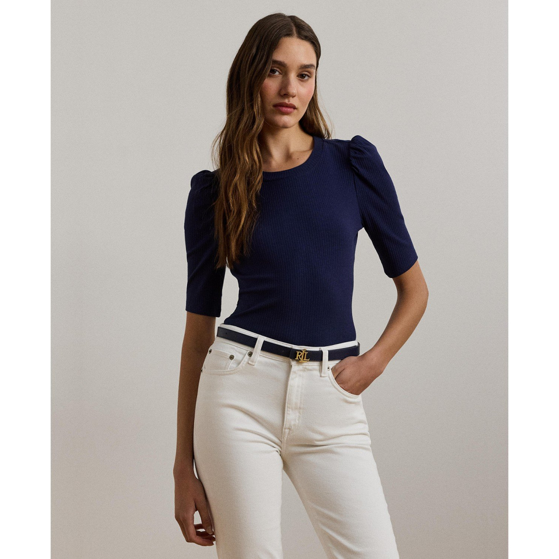 'Cotton-Blend Rib-Knit Puff-Sleeve Tee' pour Femmes