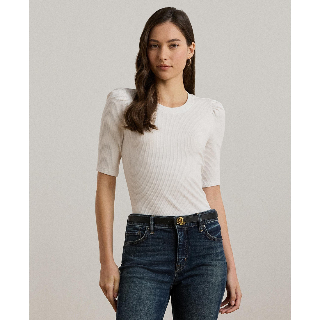 'Cotton-Blend Rib-Knit Puff-Sleeve Tee' pour Femmes
