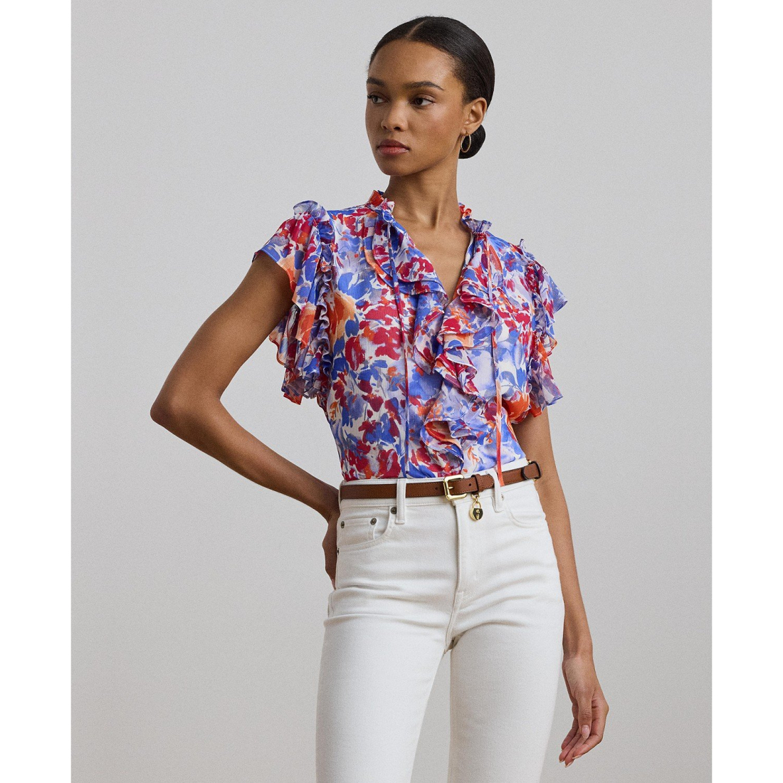 'Floral Ruffle-Trim Georgette Blouse' pour Femmes