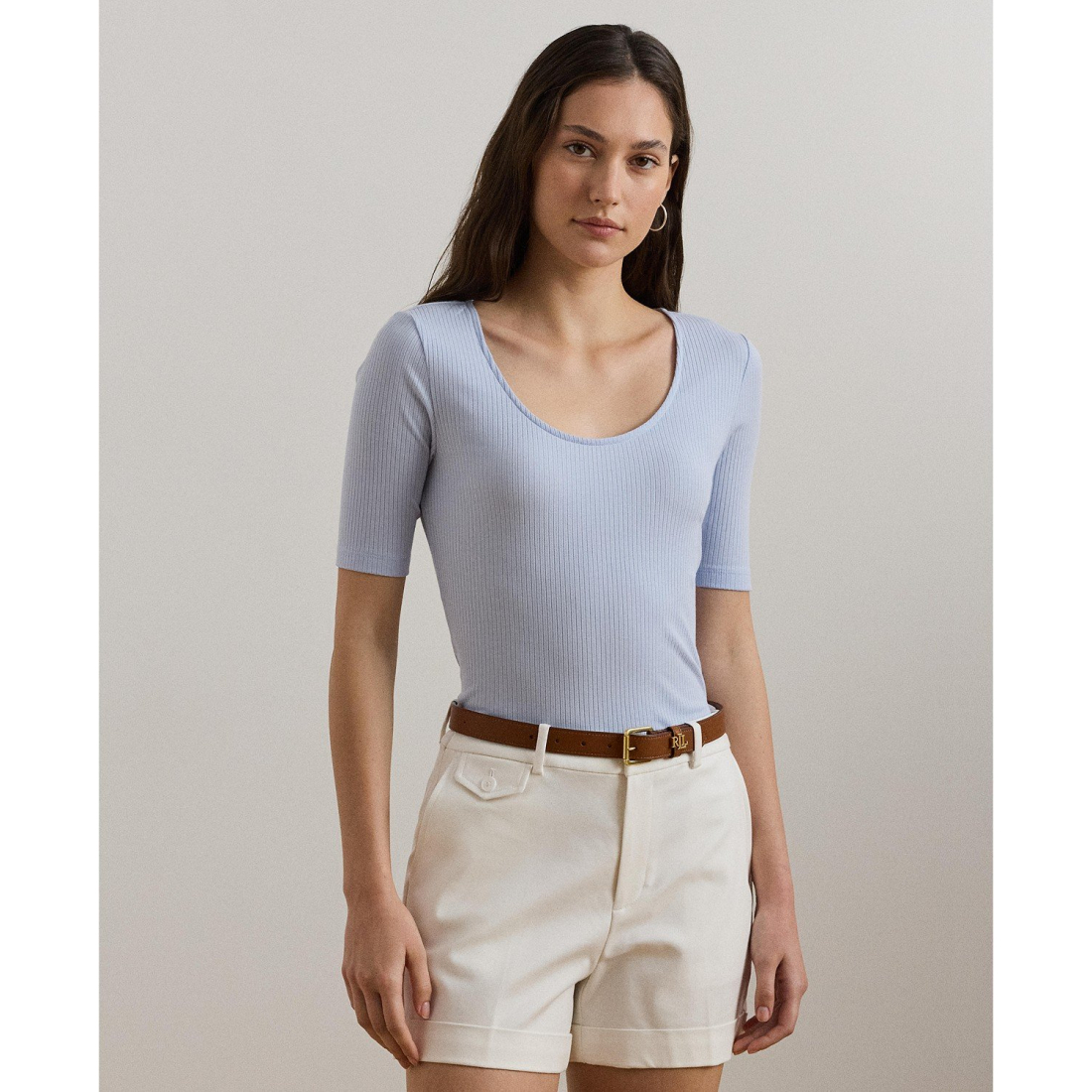'Rib-Knit Cotton-Blend Elbow-Sleeve Tee' pour Femmes