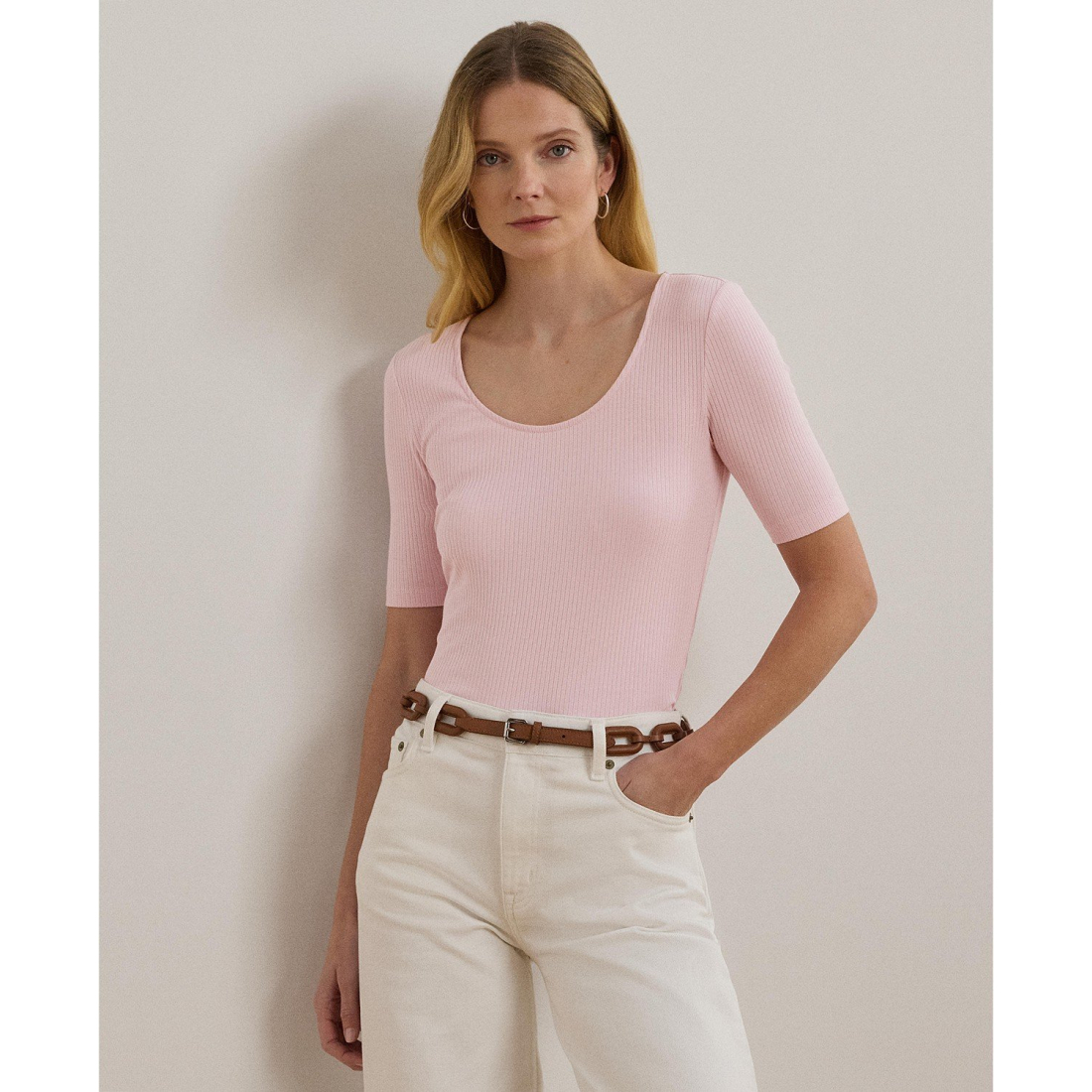 'Rib-Knit Cotton-Blend Elbow-Sleeve Tee' pour Femmes