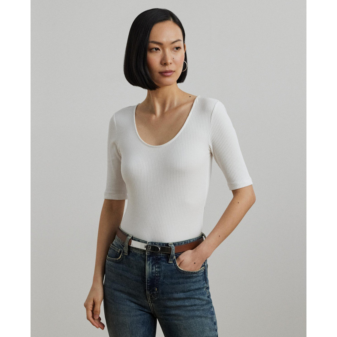 'Rib-Knit Cotton-Blend Elbow-Sleeve Tee' pour Femmes
