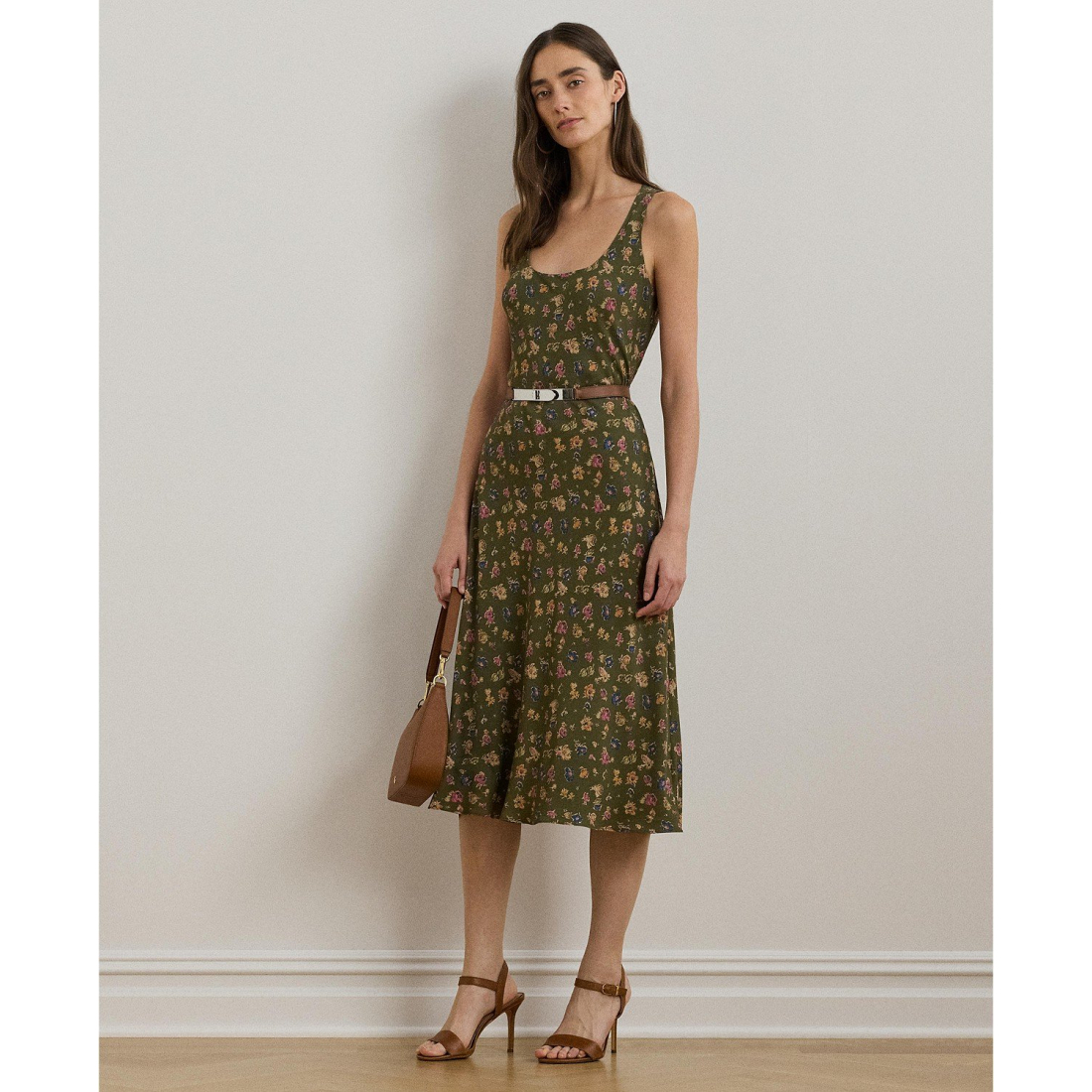 'Floral Belted Crepe Sleeveless Dress' pour Femmes