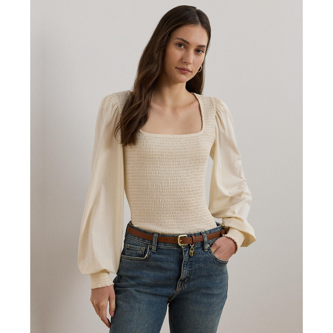 'Smocked Jersey Blouson-Sleeve Top' pour Femmes