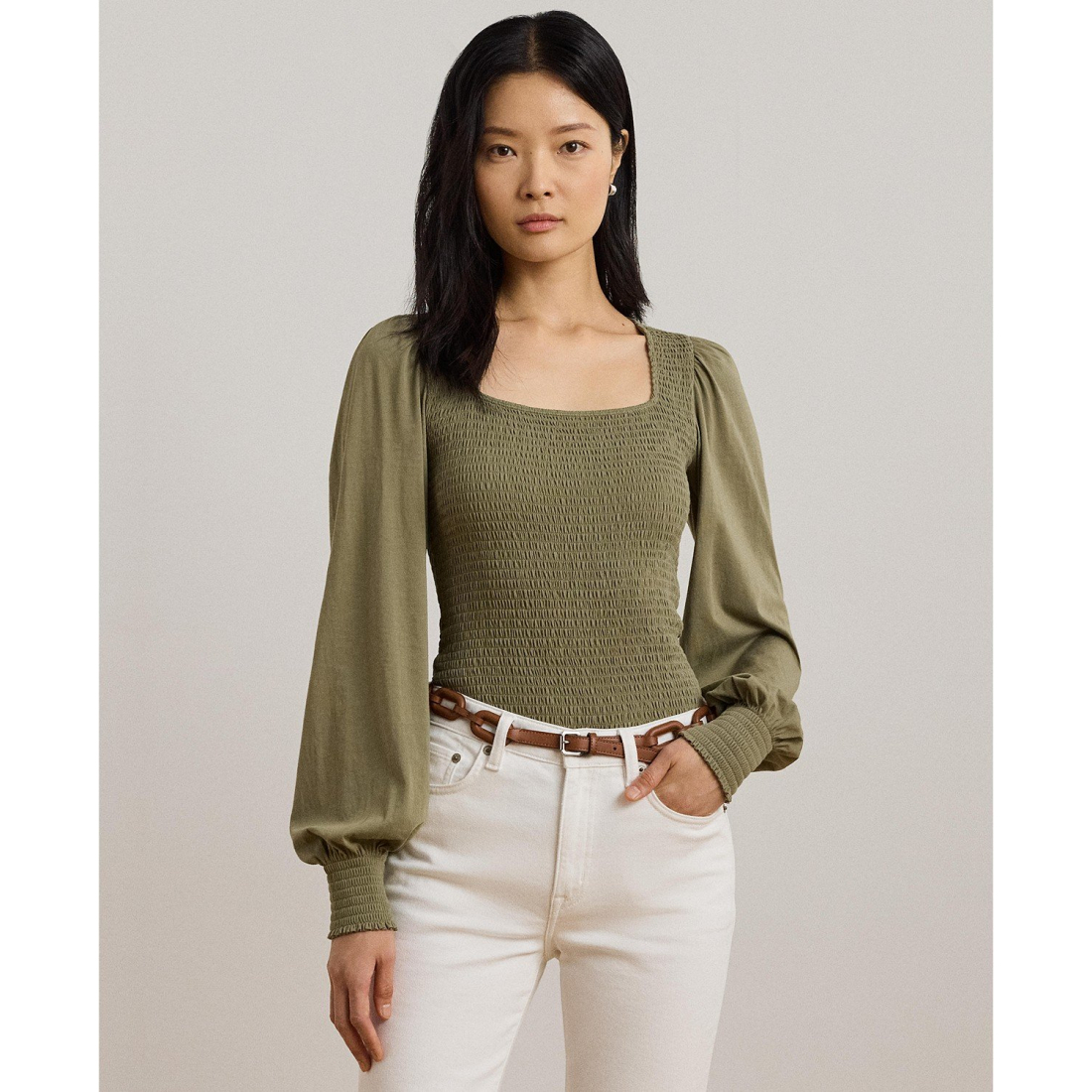 'Smocked Jersey Blouson-Sleeve Top' pour Femmes