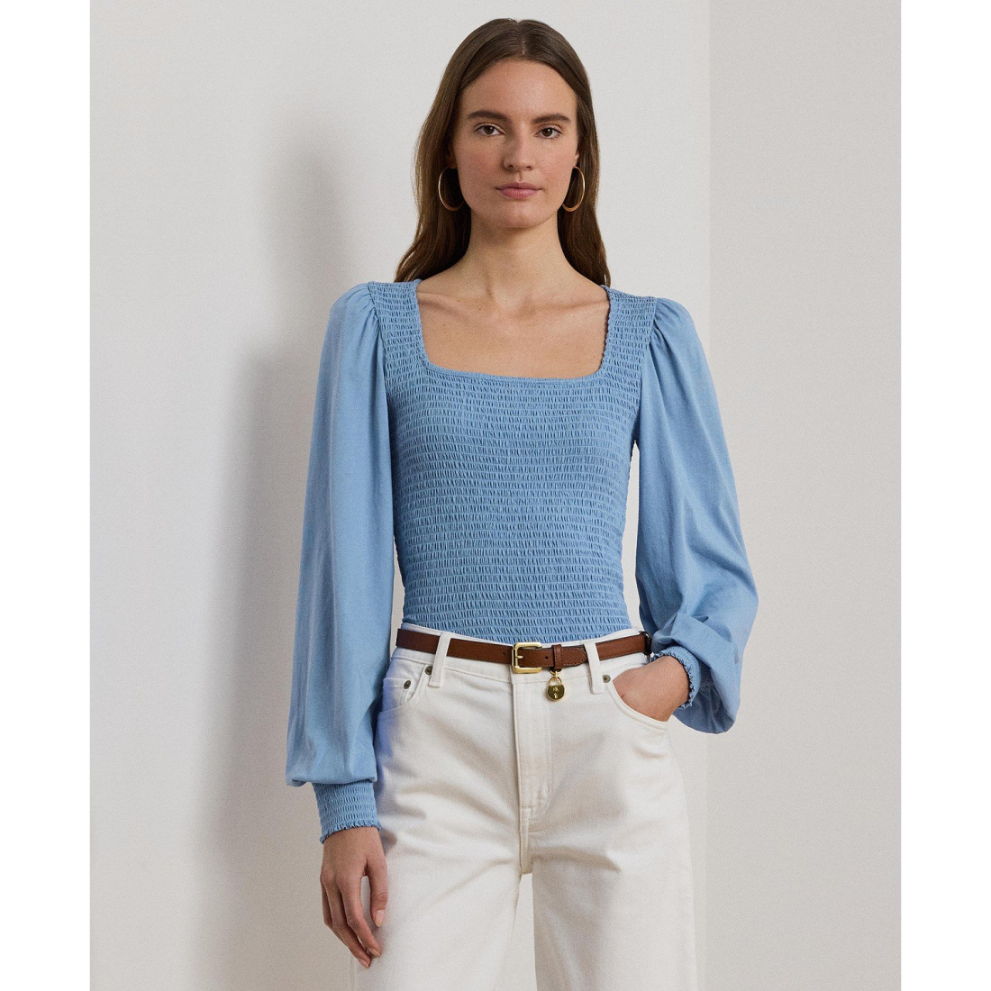 'Smocked Jersey Blouson-Sleeve Top' pour Femmes
