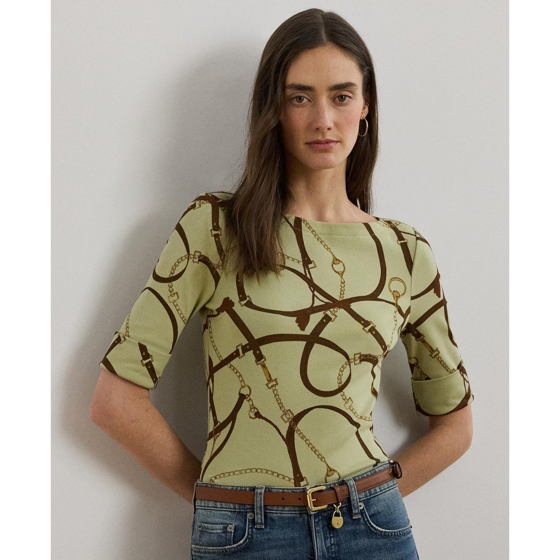 'Belting-Print Cotton-Blend Boatneck Tee' pour Femmes