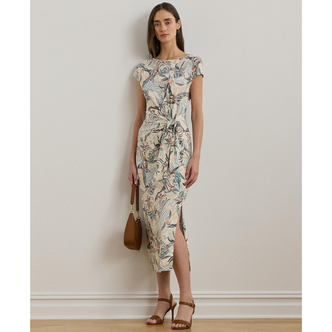 'Tie-Front Print Boatneck Midi Dress' pour Femmes