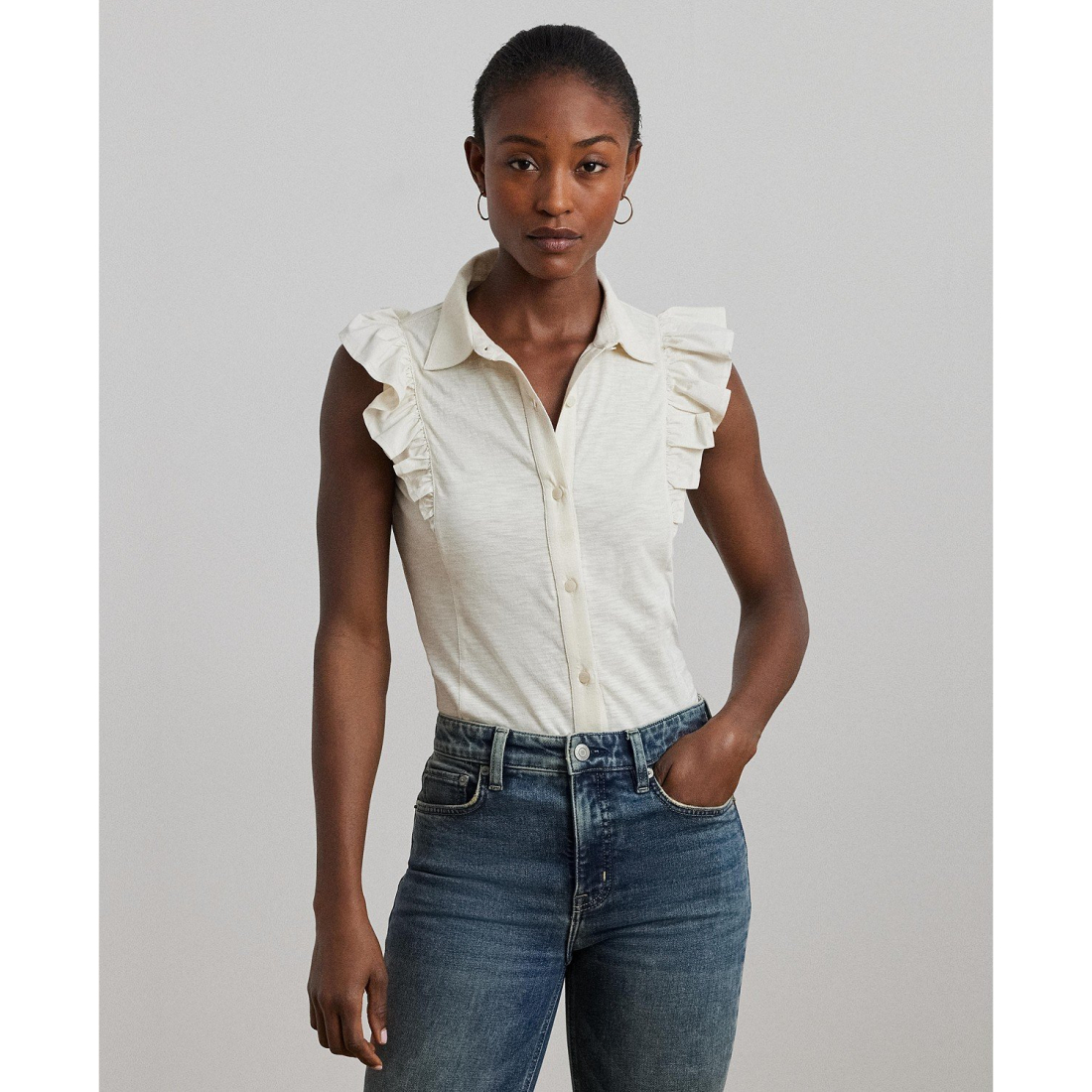 'Ruffle-Trim Jersey Sleeveless Shirt' pour Femmes