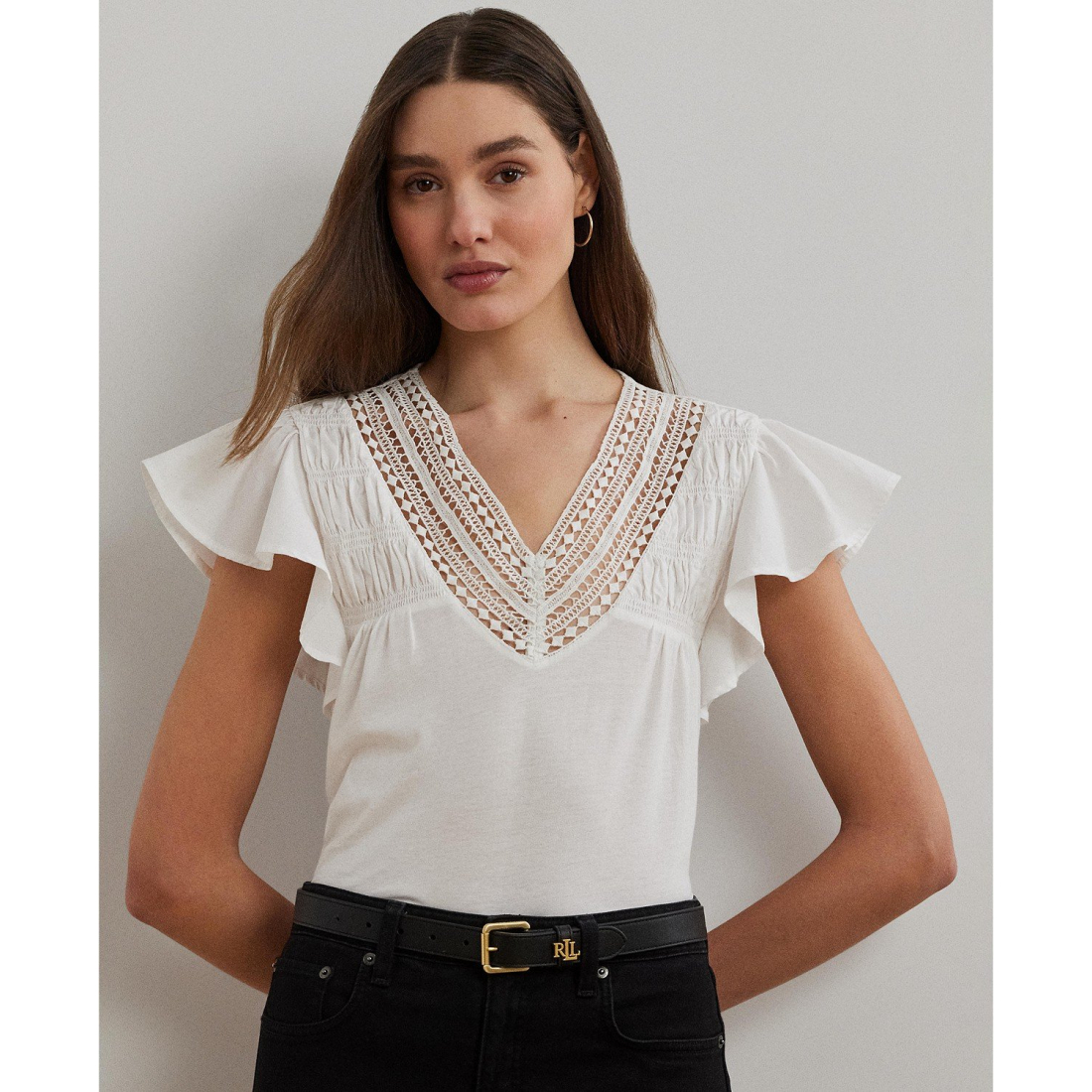 'Lace-Trim Jersey Flutter-Sleeve Tee' pour Femmes