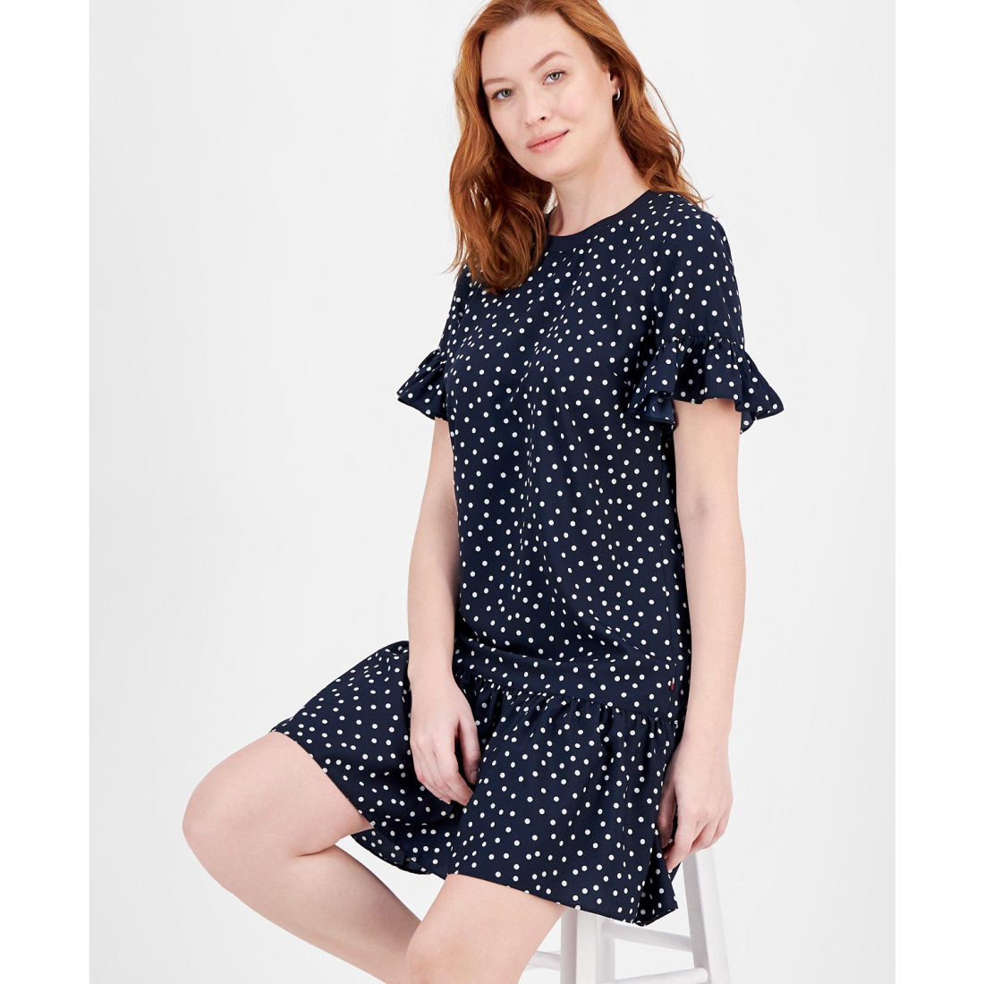 'Dot-Print Flounce Sleeve and Hem Dress' pour Femmes