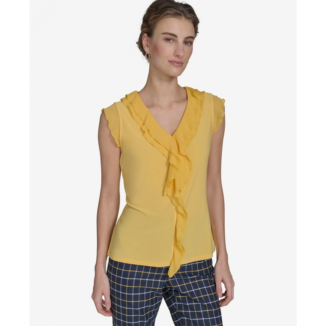 'Mixed-Media Ruffle-Front Blouse' pour Femmes