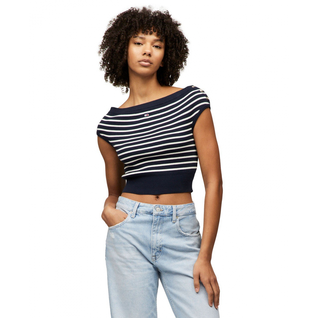 'Off-The-Shoulder Striped Cotton Sweater' pour Femmes