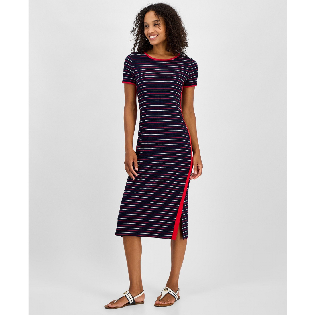 'Striped Short-Sleeve Midi Dress' pour Femmes