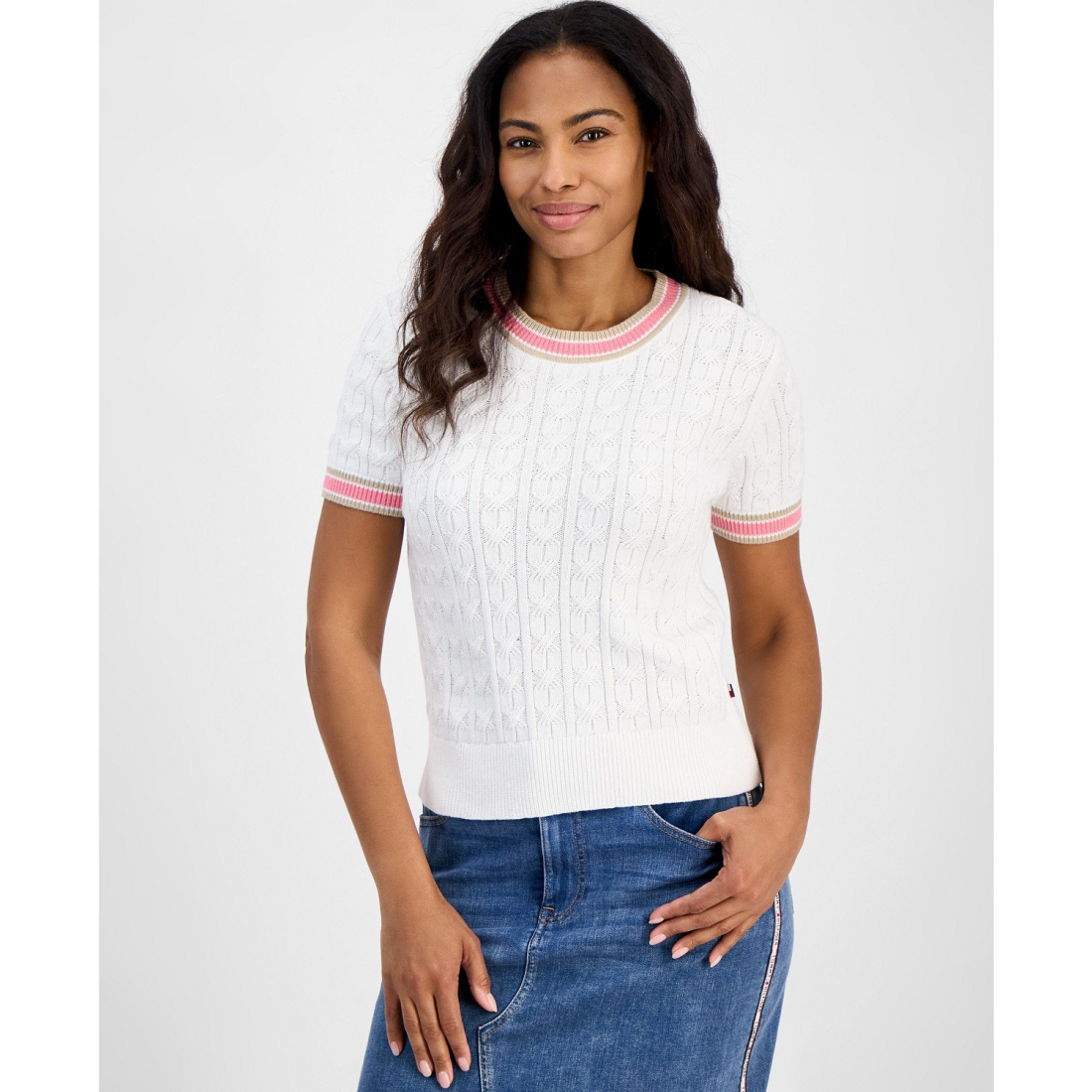 'Short-Sleeve Cable-Knit Cotton Sweater' pour Femmes
