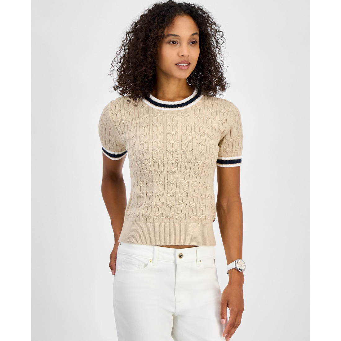 'Short-Sleeve Cable-Knit Cotton Sweater' pour Femmes