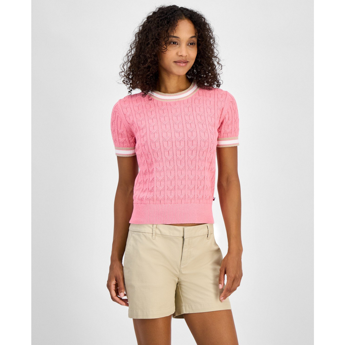 'Short-Sleeve Cable-Knit Cotton Sweater' pour Femmes