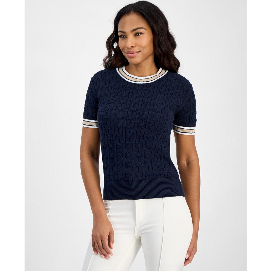 'Short-Sleeve Cable-Knit Cotton Sweater' pour Femmes