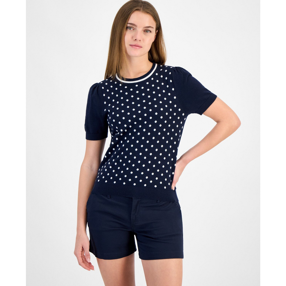 'Short-Sleeve Cotton Polka Dot Sweater' pour Femmes