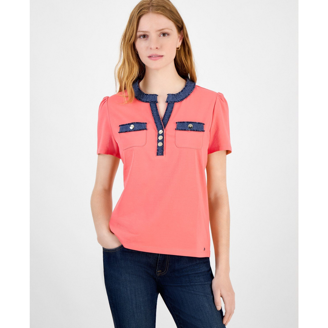 'Denim-Trim Split-Neck Knit Top' pour Femmes