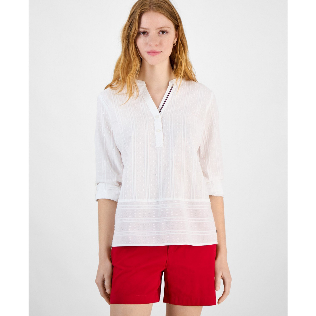 'Clip-Dot Stripe Split-Neck Top' pour Femmes