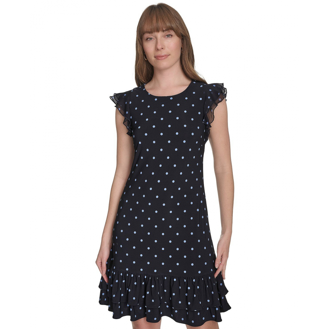 'Dot-Print Flutter-Sleeve Ruffled-Hem Chiffon Dress' pour Femmes