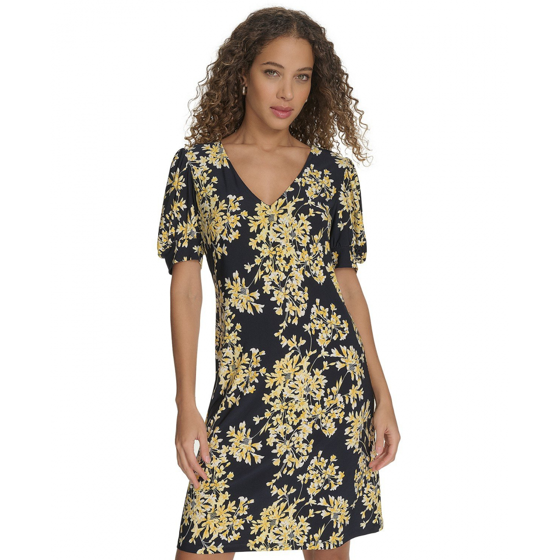 'Puff-Sleeve Printed V-Neck Dress' pour Femmes
