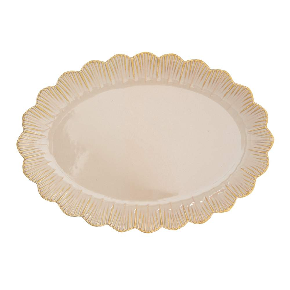 Set Of 4 Oval Serving Plate Beige Fleuri