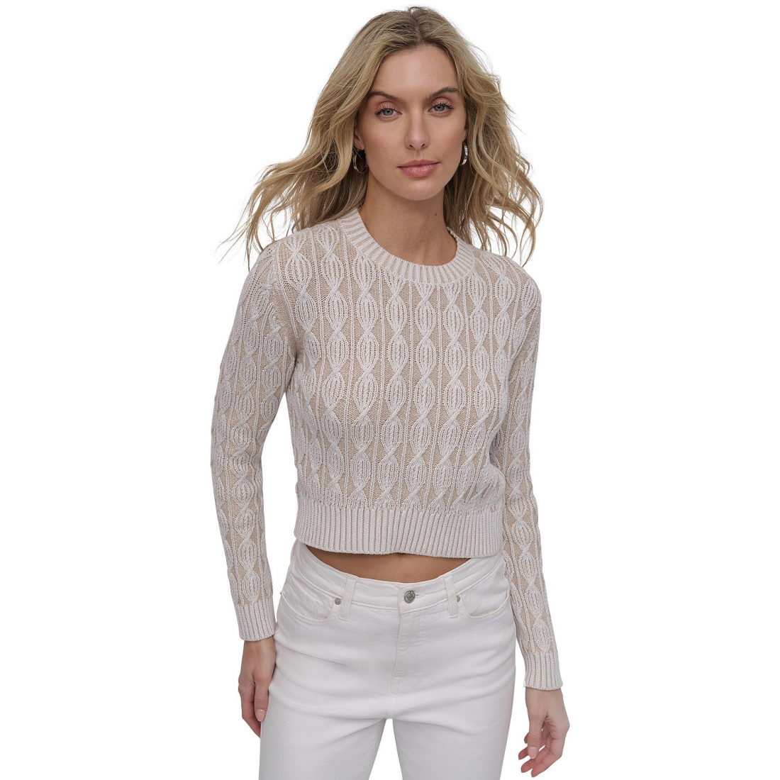 Pull 'Long-Sleeve Cotton Cable-Knit Crewneck' pour Femmes