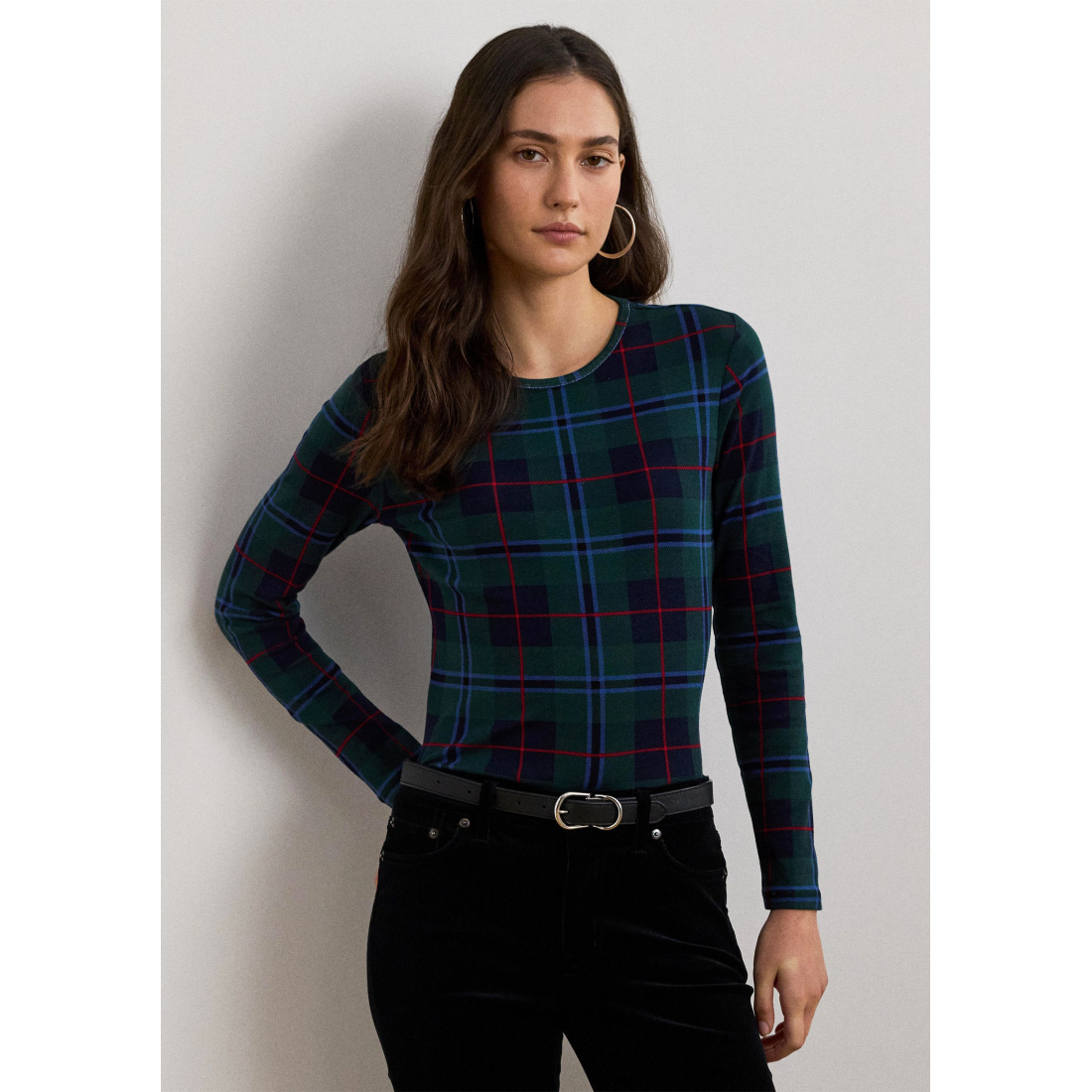 'Plaid Stretch Cotton Long Sleeve T-Shirt' pour Femmes