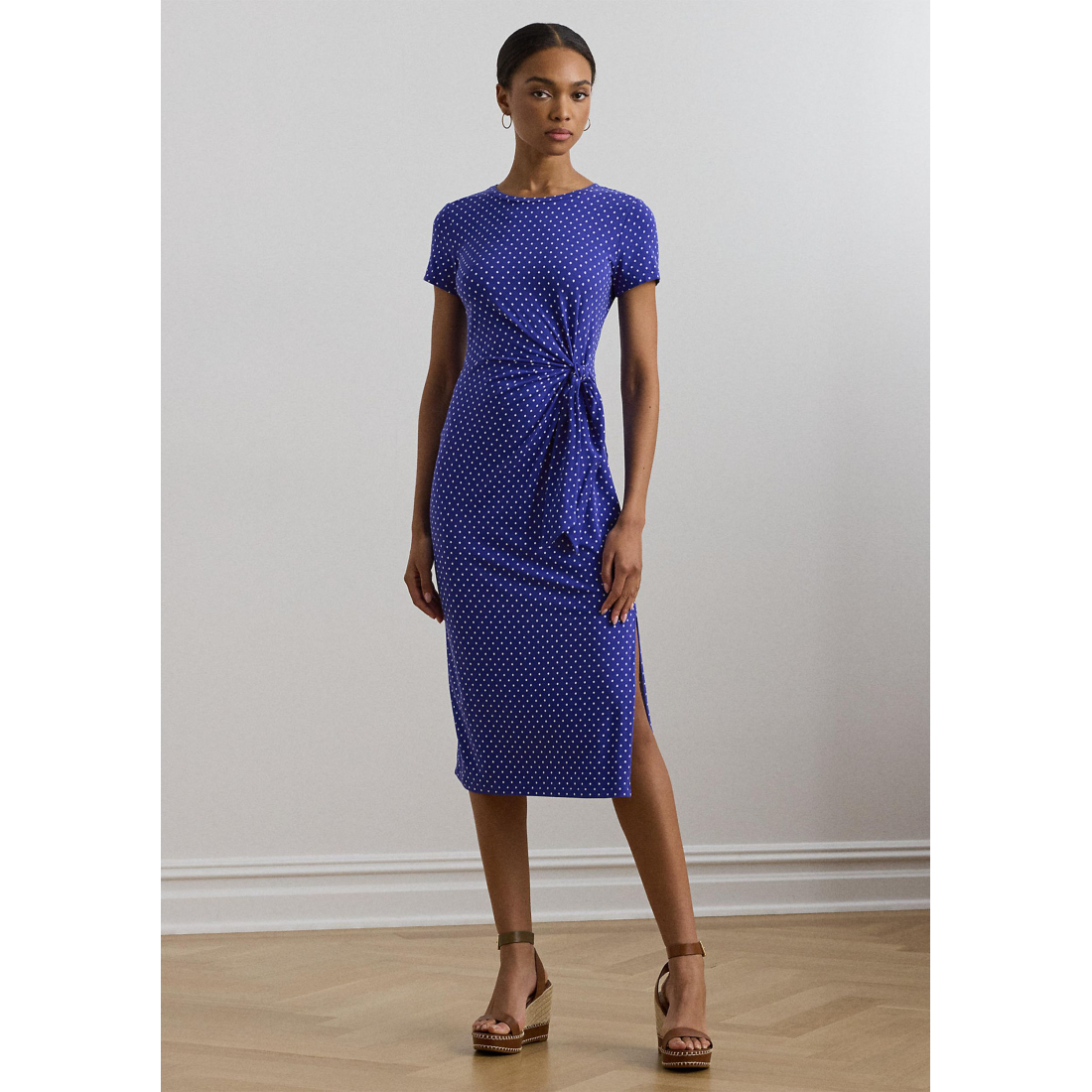 'Polka Dot Tie Front Short Sleeve Dress' pour Femmes