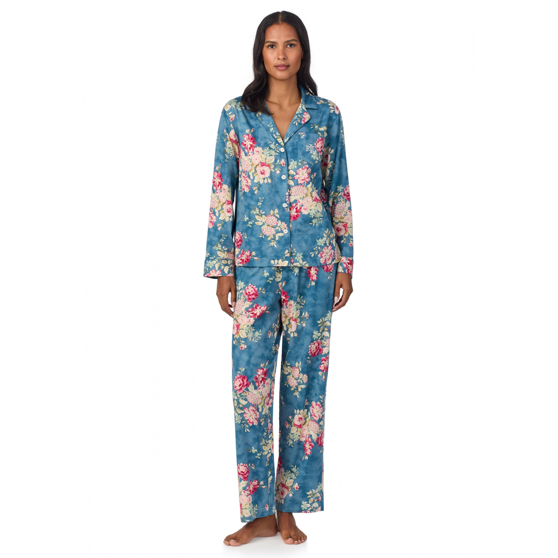 'Long Sleeve Notch Collar Long Pant Pajama Set' pour Femmes
