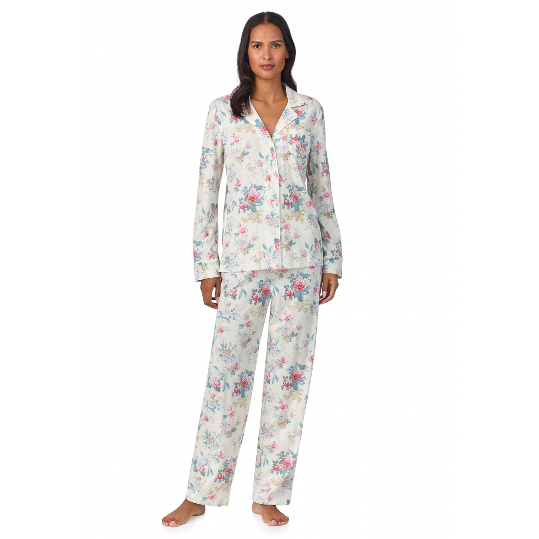 'Long Sleeve Notch Collar Long Pant Pajama Set' pour Femmes