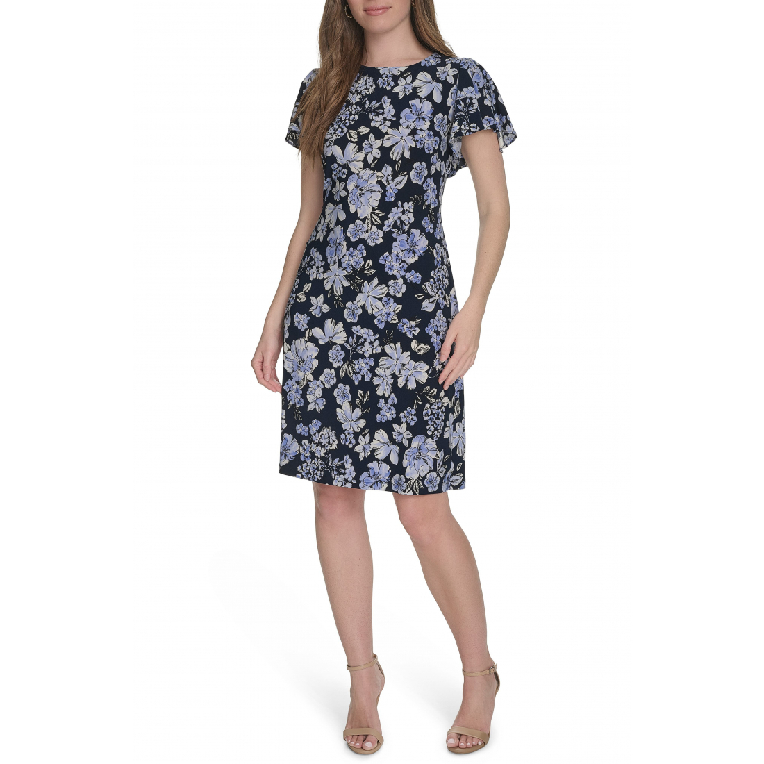 'Floral Flutter Sleeve Jersey Shift' Mini Kleid für Damen