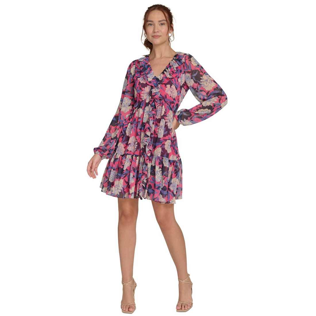 Women's 'Printed Ruffled Blouson-Sleeve' Shift Dress