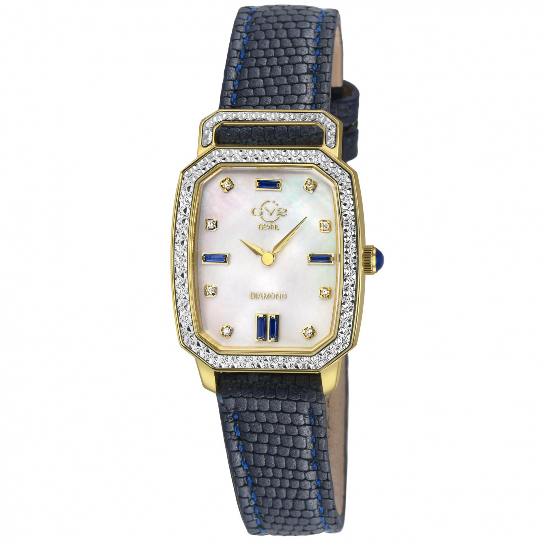 Women's Pavia Diamond Watch, IPYG Case, White MOP Dial, Light Blue Handmade Italian Leather Strap Watch