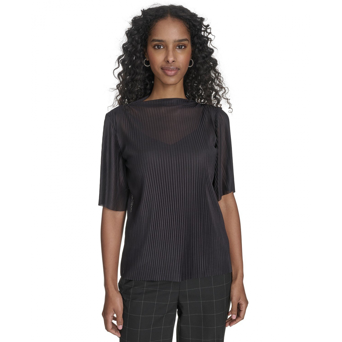 Women's 'Mesh Elbow-Sleeve High-Neck' Short sleeve Top