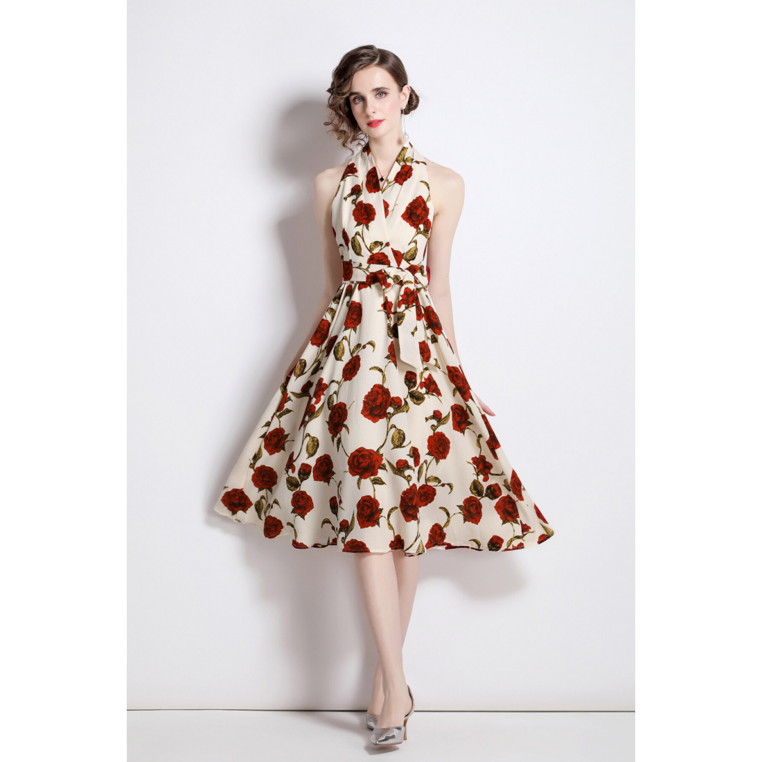 Robe A-line 'Floral High-Waisted Slimming Halter Neck' pour Femmes