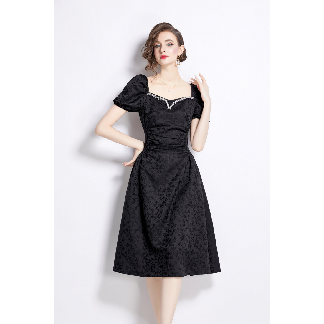 Women's 'Jacquard Hand-Beaded Square Neck Fitted Waist Puff Sleeve' Midi Dress