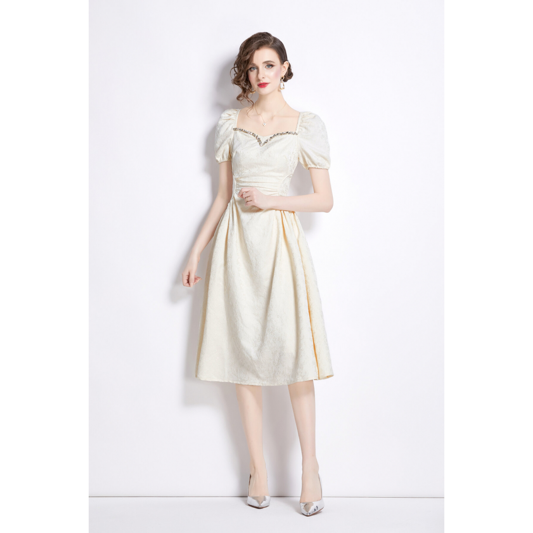 Women's 'Jacquard Hand-Beaded Square Neck Fitted Waist Puff Sleeve' Midi Dress
