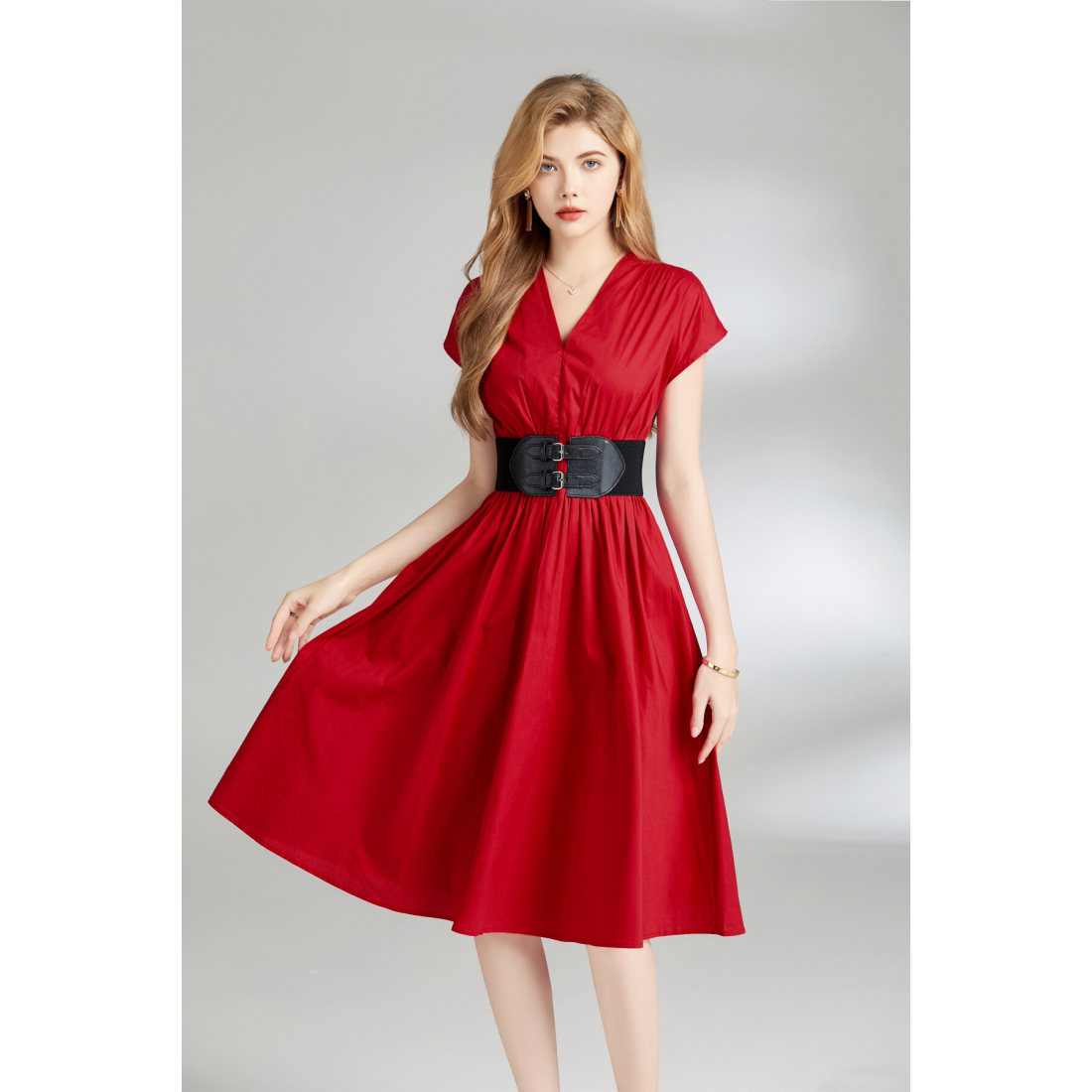 Robe 'V-Neck Fitted Cinched Waist' pour Femmes