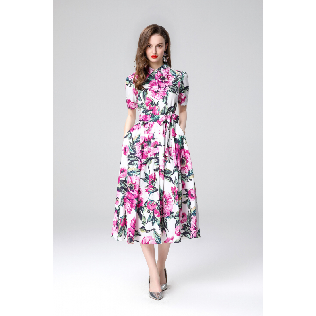 Robe Midi 'Floral Print Lapel Backless Sleeveless Mesh' pour Femmes