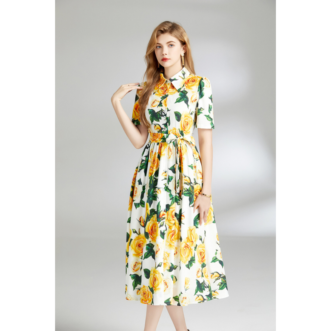 Robe Midi 'Floral Print Lapel Backless Sleeveless Mesh' pour Femmes