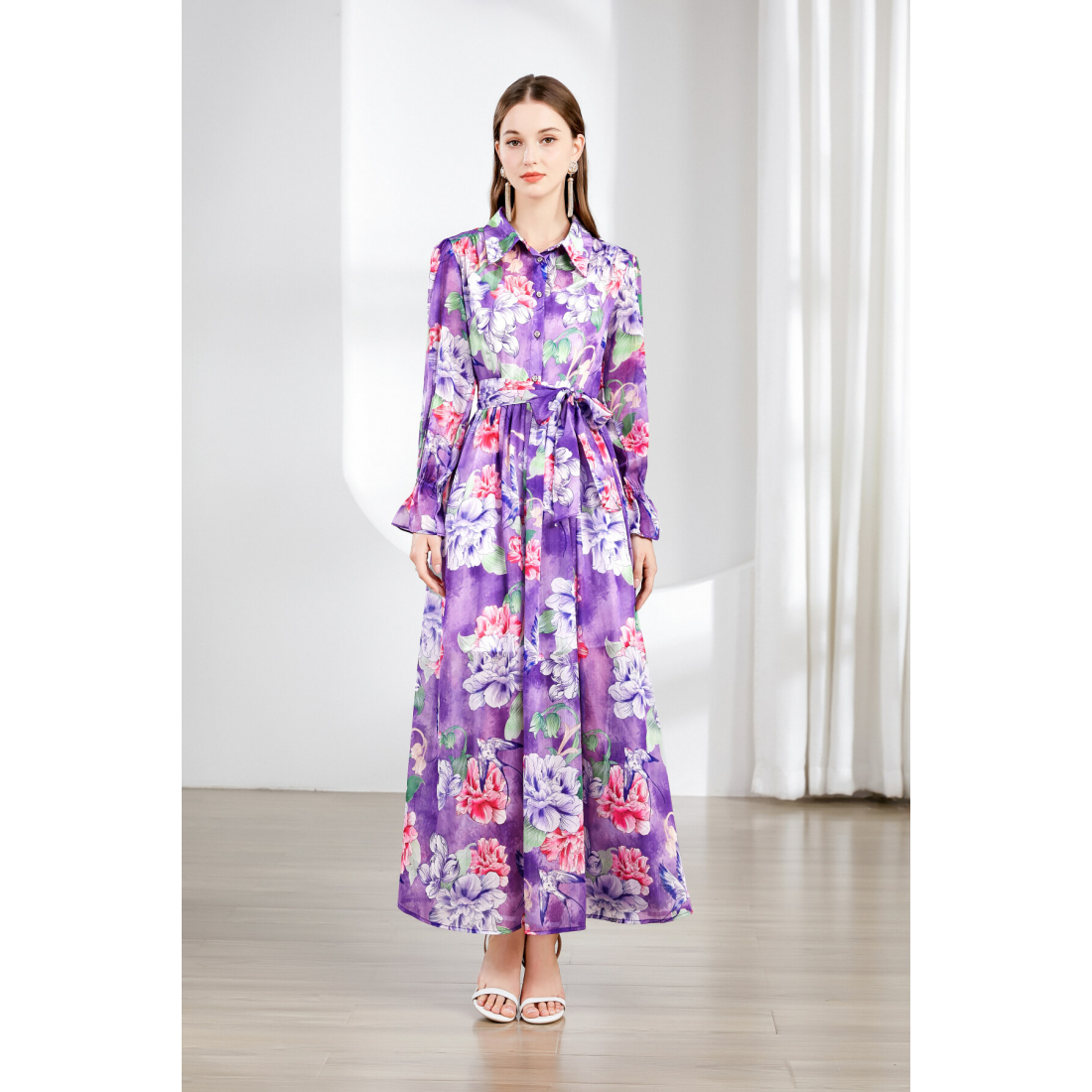 'Pastoral Style Flared Bell Sleeves Floral' Kleid für Damen