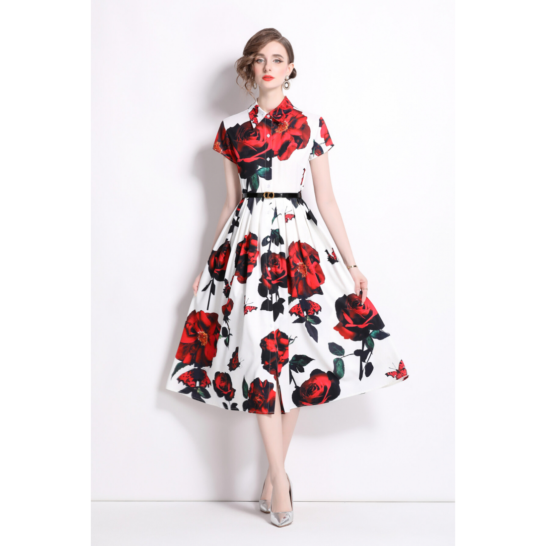 Women's 'Rose Print Shirt Collar Midi' A-line Dress