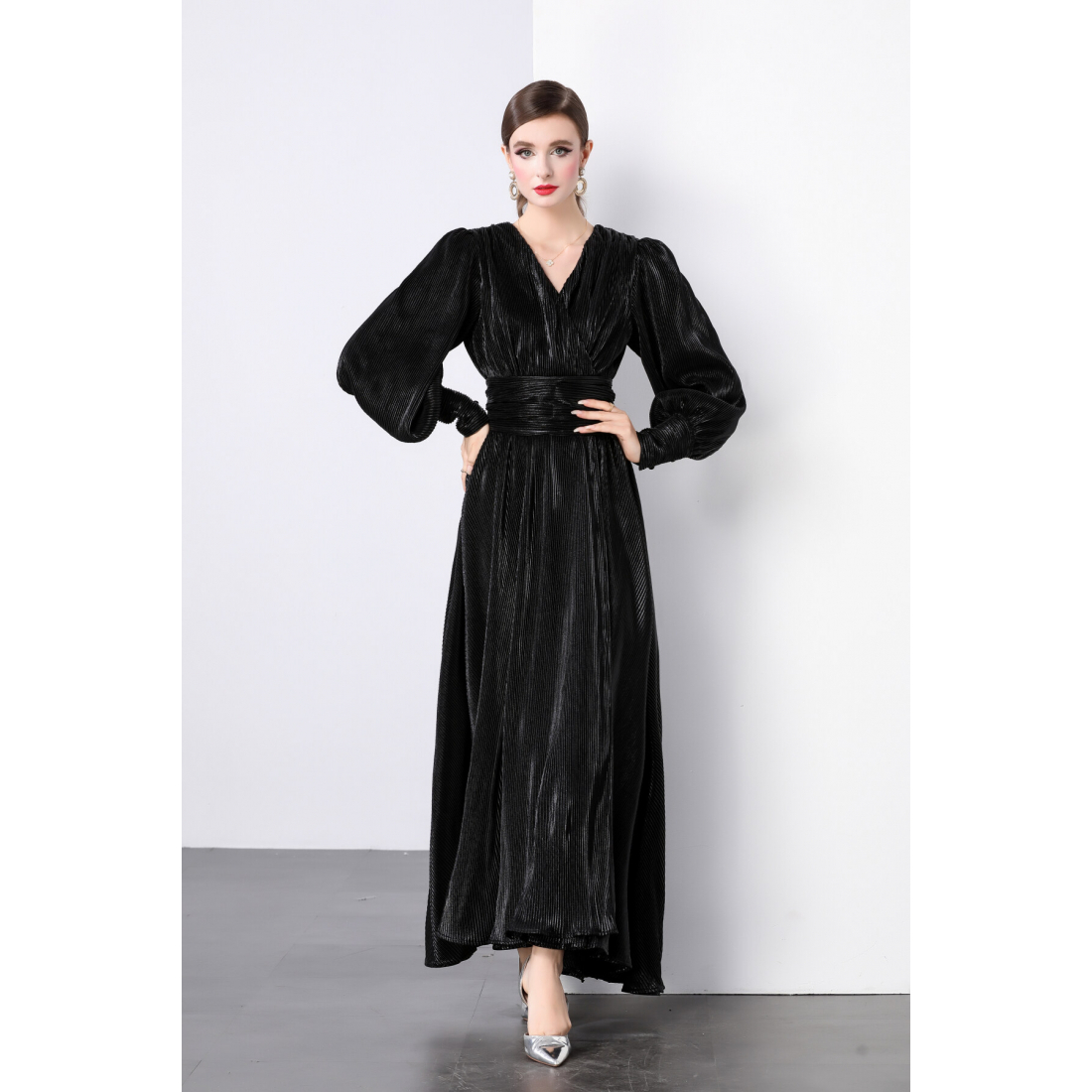 Robe de soirée 'Deep V High Neck Waist-Cinching Floor-Length' pour Femmes