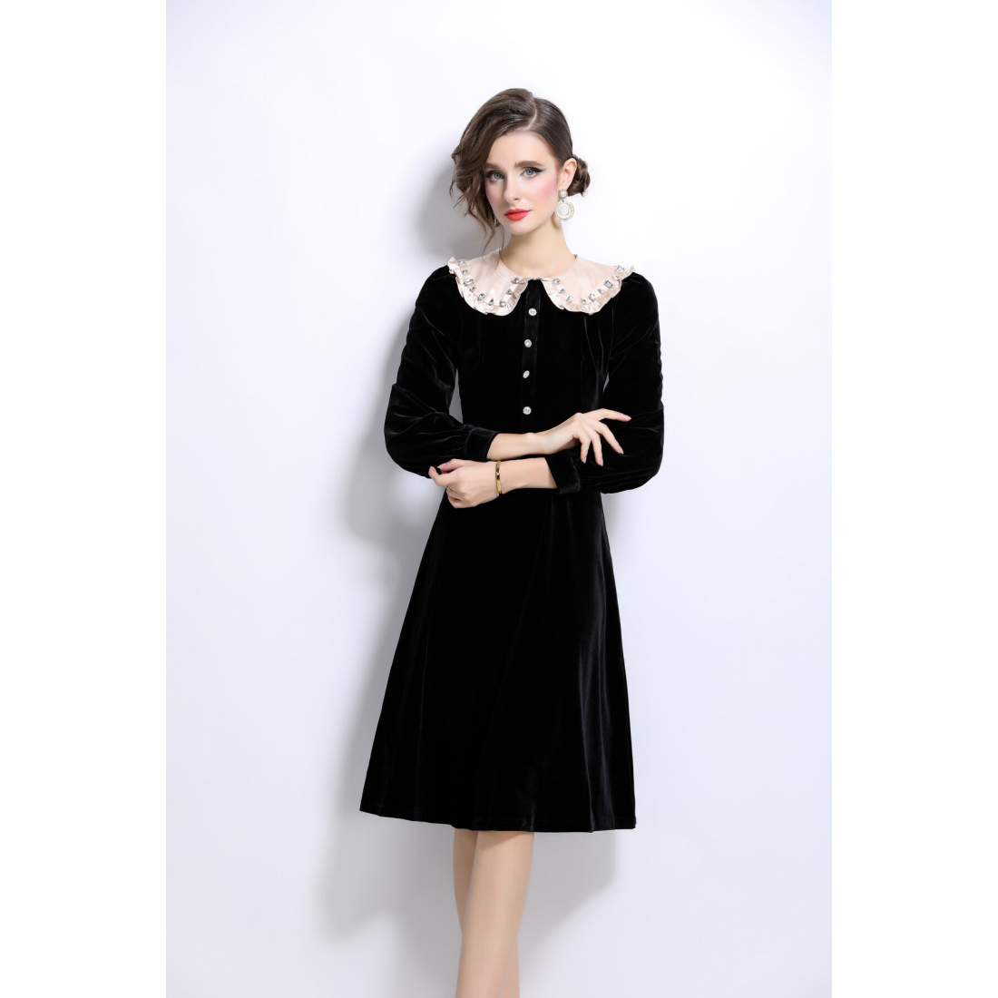 Robe 'French Retro Style Mid-Length Gold Velvet' pour Femmes